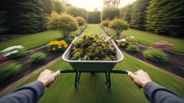 First-person view of hands pushing loaded garden wheelbarrow along narrow path in lush blooming summer garden. Dynamic forward motion with blur, seasonal garden cleanup and outdoor yard maintenance co