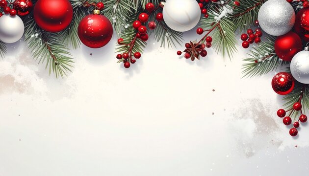 A festive Christmas border featuring snow-dusted green pine branches, red and white baubles, holly berries, and pinecones, framing a bright, textured white background. (186 characters)