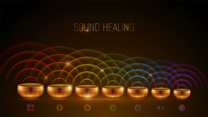 Sound healing vector background with singing bowls, chakras and waves
