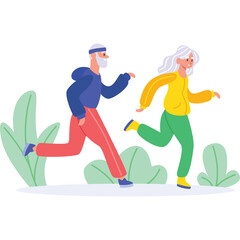 Obraz premium Elderly couple in athletic wear jogging together outdoors with green foliage in the background and a clean transparent background for easy compositing