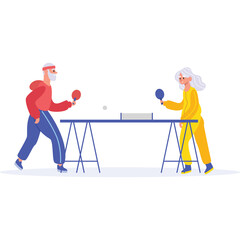Elderly Couple Playing Table Tennis Together Indoors with Red and Yellow Tracksuits