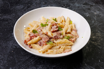 Creamy Pasta Carbonara With Bacon, Parmesan, Fresh Parsley