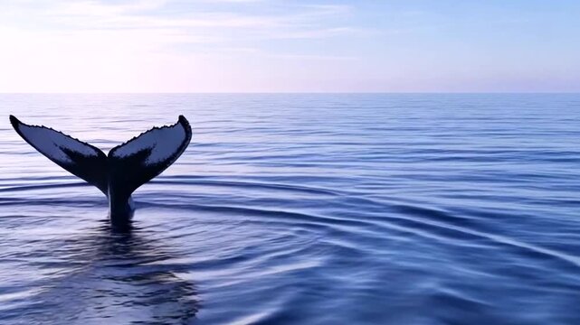 A majestic whales tail fluke emerges from the deep blue ocean water during a serene sunset