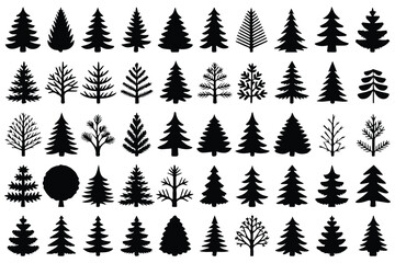 Forest and pine tree vector set, Tree silhouette icon collection, nature foliage design bundle, simple black isolated tree shapes. Black Christmas tree silhouettes collection, winter pine shapes, fest