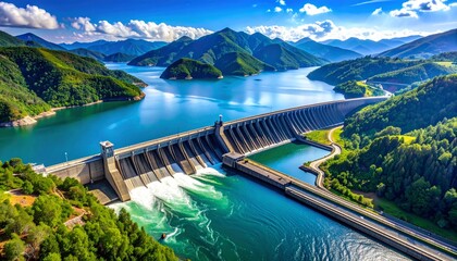 Aerial view of a large hydroelectric dam with blue water and mountain landscape showcasing modern engineering and renewable energy.