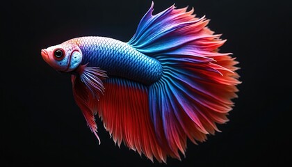 Fototapeta premium Vibrant betta fish floats gracefully in dark abyss. Its iridescent scales shimmer with blue red and purple hues. The flowing fins create mesmerizing motion trails around its body.