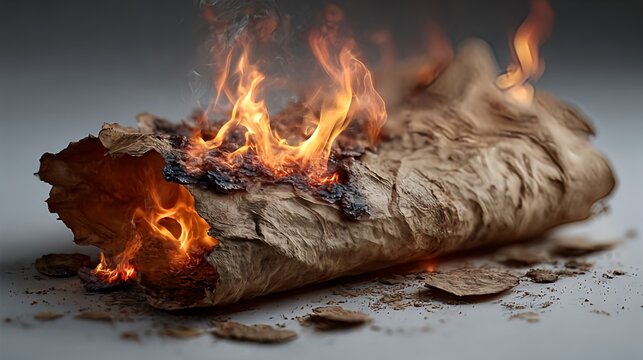 Burning paper parchment scroll with flames and smoke stock photo image art