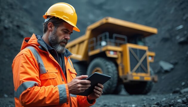 Miner with beard checks tablet near giant yellow dump truck. Worker wears hard hat and safety vest. Heavy machinery operates at quarry site.