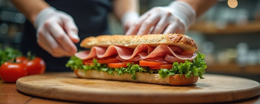 Chef crafts deli sandwich with ham lettuce tomato on bread. Close-up food prep, focus on fresh ingredients and preparation. Skillful hands assemble tasty meal.