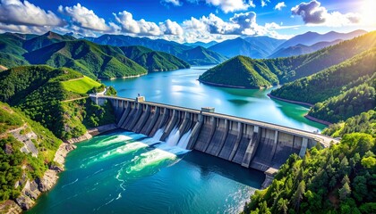 Aerial view of a large hydroelectric dam with blue water and mountain landscape showcasing modern engineering and renewable energy.