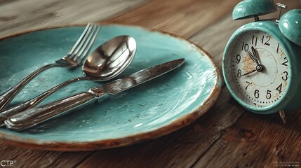 Time for breakfast still life with plate silverware and vintage alarm clock