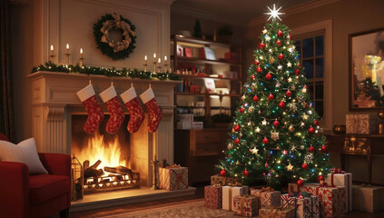 Cozy Christmas Living Room. Beautiful Christmas Tree, Gifts and Fireplace. Holiday Background.