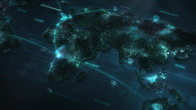 Global network connecting continents with data flow and information exchange