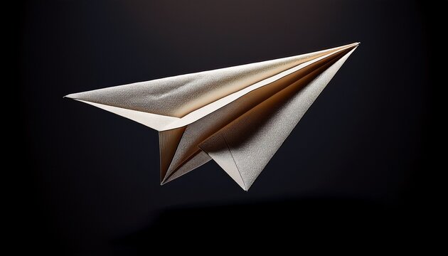 a textured off white paper airplane floats against a stark black background subtly lit conveying a sense of flight and simplicity