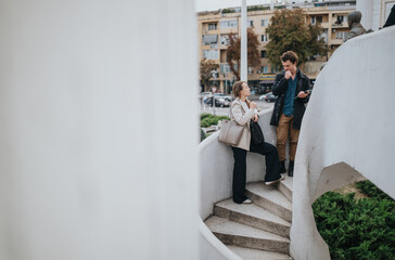 Two young professionals stand on a white curved staircase outdoors, chatting and sharing ideas. They carry bags and wear smart casual outfits, suggesting a casual business moment in the city.