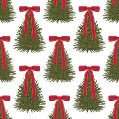 Festive seamless pattern of Christmas trees decorated with small gold lights and classic red bows on white. Elegant, traditional, and merry for packaging and holiday fabric print.
