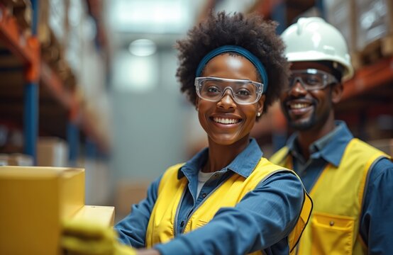 African American woman smiles inspecting packages in warehouse. Two workers collaborate on logistics operations. Focused employee checks inventory, ensuring efficient supply chain management within