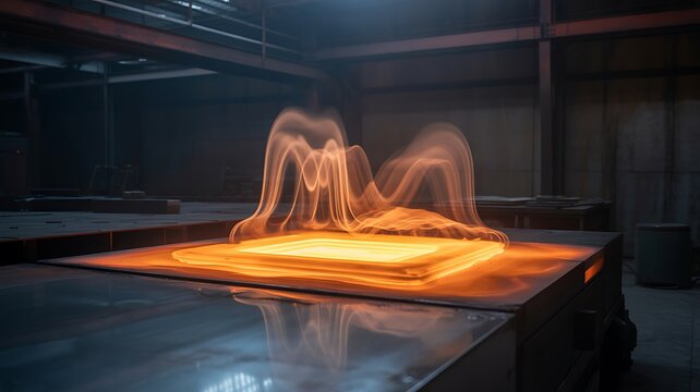 Molten metal glowing in foundry with intense heat and smoke