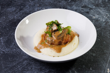 Gourmet Plate With Creamy Puree, Tender Meat, And Herb Garnish