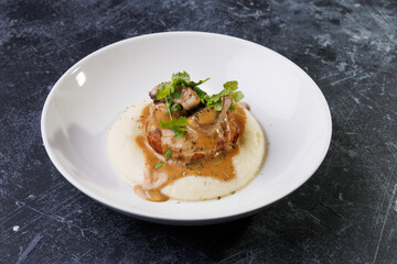 Gourmet Plate With Creamy Puree, Tender Meat, And Herb Garnish