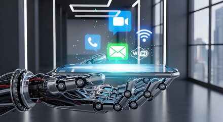 Futuristic robot hand holding smartphone with app icons for video calls, email, messaging, and wifi in a modern, sleek environment, connecting people