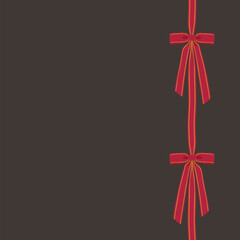 Isolated vertical seamless border of classic red ribbon garland with bows and gold trim on dark background. Elegant, traditional, and festive for design elements.