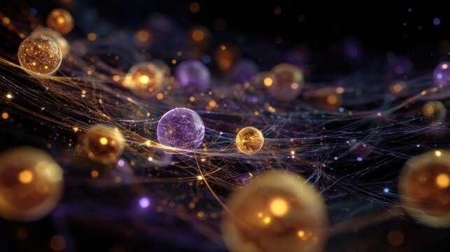 Abstract Digital Art with Glowing Spheres and Light Strings in Space Setting