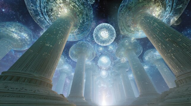 Fantastical Cosmic Temple with Glowing Columns and Interstellar Background