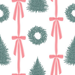 Stylish seamless pattern of vertical pink ribbon garlands, Christmas trees, and small wreaths on white. Modern, elegant, and cute for holiday fabric, packaging, and home decor.