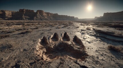 Footprint in the Desert with Canyon Cliffs and Bright Sun in the Sky