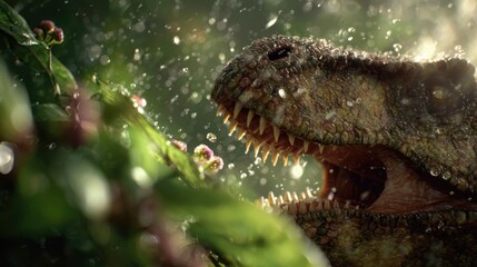 Obraz premium Dramatic Close-Up of a Dinosaur Predator Shark with Sharp Teeth Emerging from Water