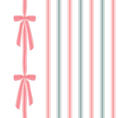 Stylish vertical seamless stripe pattern with an isolated pink ribbon garland border on the side on white. Modern, cute, and elegant for fabric, packaging, and children's decor.