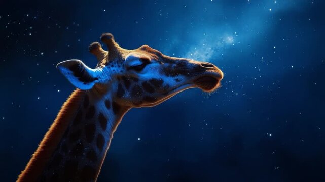 Stargazing Giraffe: A majestic giraffe gazes skyward, bathed in the ethereal glow of moonlight, against a backdrop of a starlit night.