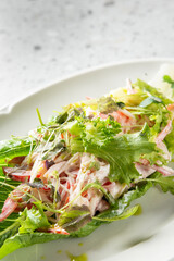 A vibrant, fresh lump crab salad with microgreens and vinaigrette is served on crisp lettuce leaves on a white plate, set against a modern terrazzo background