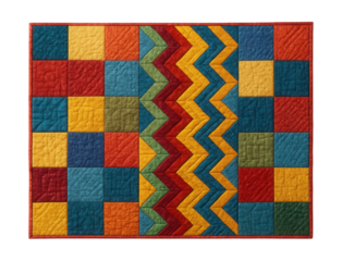 Colorful hand-stitched quilted blanket with patchwork squares and zigzag design.