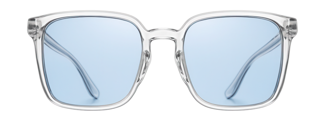 Square blue light blocking lenses in clear plastic frames with nose pads.