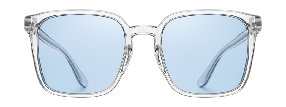 Square blue light blocking lenses in clear plastic frames with nose pads.