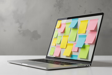 Laptop Screen Covered with Colorful Sticky Notes - Digital Multitasking Organization Display for Marketing Professionals, Productivity Tools, and Marketer's Day Celebrations