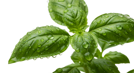 Fresh green basil leaves with water drops isolated on transparent background , ai generated image