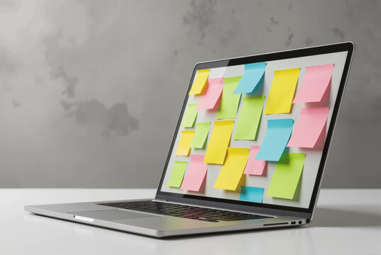 Laptop Screen Covered with Colorful Sticky Notes - Digital Multitasking Organization Display for Marketing Professionals, Productivity Tools, and Marketer's Day Celebrations