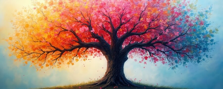 Rainbow color tree panorama. Tree with colorful leaves, branches on blue sky background. Tree of life with green grass. Colorful tree in rainbow colors with yellow, orange, pink, red, blue leaves. - Powered by Adobe