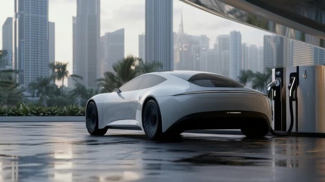 Sleek Automotive Elegance: A futuristic car design gleams under an urban skyline, showcasing the essence of modern transportation