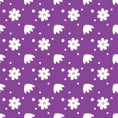 White flowers on purple background, seamless, purple fabric pattern.