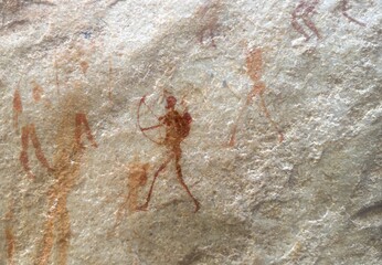 Prehistoric depiction of various people at the Ja, archer, San rock paintings, Sevilla Art Rock Trail, Cederberg Mountains, near Clanwilliam, Western Cape, South Africa