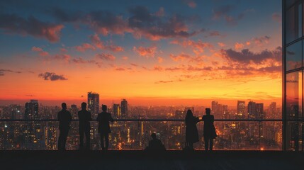 Group of diverse people enjoy a sunset view from a rooftop in Vancouver, Canada, while having wine