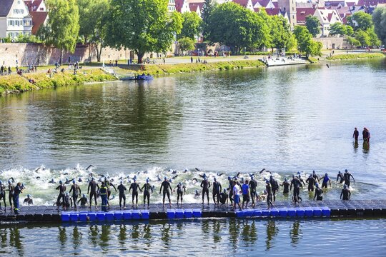 Swim start, triathlon, Danube, Ulm, Swabia, Baden-Württemberg, Germany