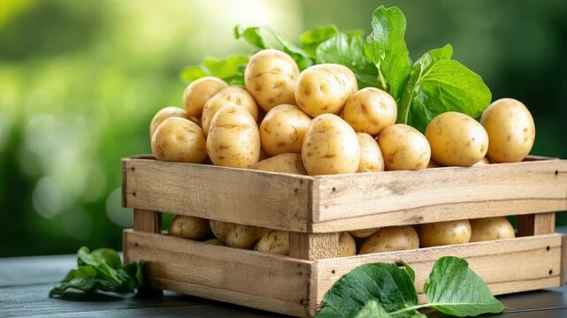 Freshly harvested potatoes are overflowing from a wooden crate, showcasing the abundance of the harvest and the natural beauty of farm-fresh produce