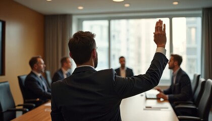 Man raises hand in a business meeting room. Corporate team decision process is shown. Group discussion on new business strategy. Voting or agreement concept.