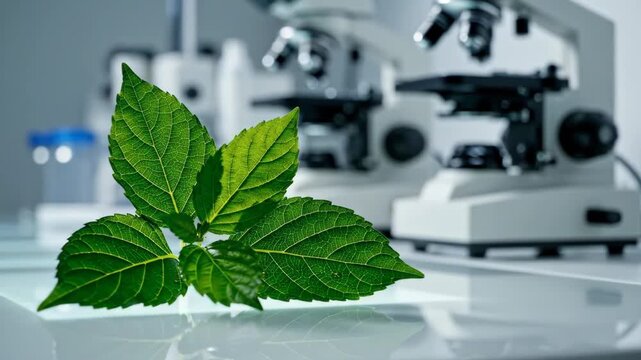 Close-up of green leaves with microscopes in the background on a lab table