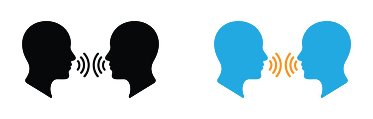 People talk and listen icon set. Communication, dialogue, and conversation symbol. Speak and listen vector illustration. Chat, voice, audio, and discussion pictogram for mobile and web interface.